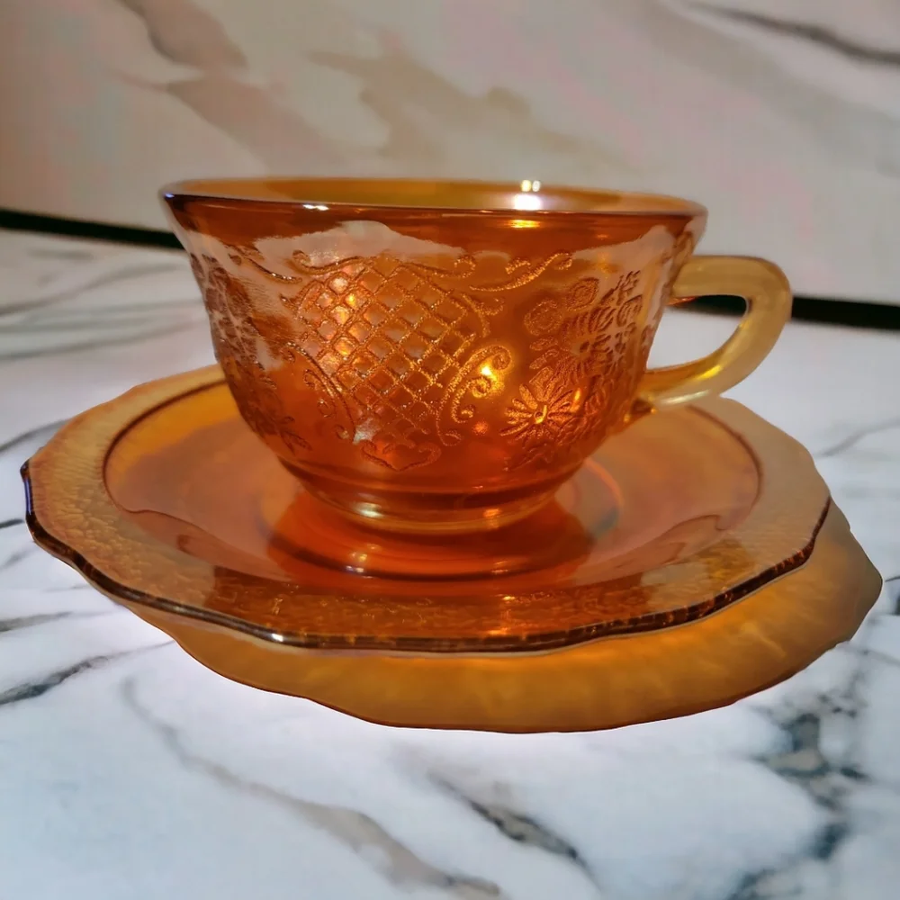 Just Tea Cup! Federal Normandie Lattice & Daisy Sunburst Depression Glass 1934